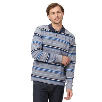 Blue textured striped long sleeved polo shirt